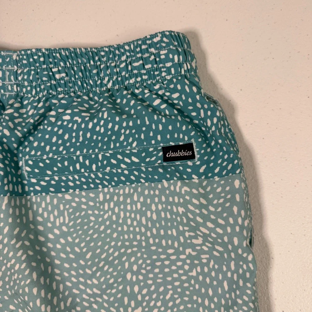 Chubbies Men's Trunks Shorts Teal White Pattern Elastic Waist Drawstring sz S EC